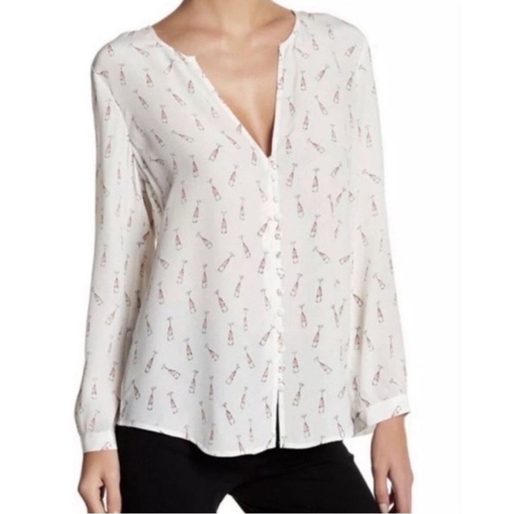 Joie Purimne Champagne Glass Print Top Silk Long Sleeve V Neck Button Front